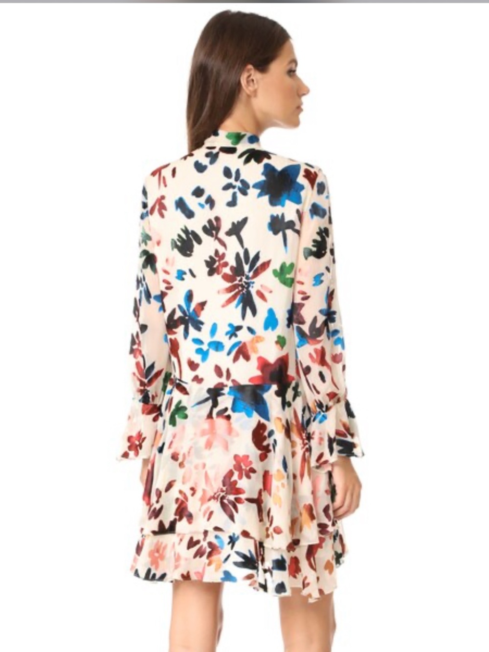 Alice + Olivia Moran Silk Blend Mini Dress Small Rainbow Floral Bell Sleeve - Picture 7 of 8